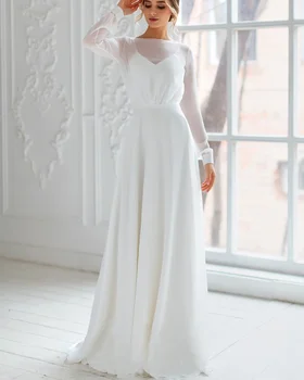 Простое шифоновое свадебное платье трапециевидной формы с вырезом лодочкой, открытой спиной, Vestido De Noiva, Халаты невесты, длина до пола, длинные рукава, свадебное платье