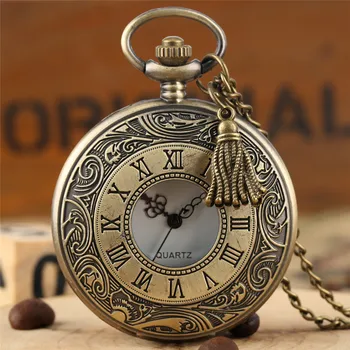 Бронзовые Антикварные карманные часы с подвеской и кисточками, Выдалбливают римскую цифру, Кварцевый механизм, Ожерелье-цепочка Reloj