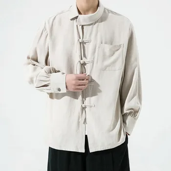 2023 Китайская Мужская Рубашка в стиле хип-хоп Со Свободными карманами, Большие Размеры, Этническая Пара, Мужское Повседневное Пальто, Пальто Harajuku, однотонный Большой Топ
