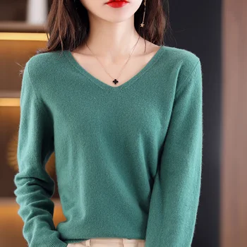 Весенне-осенний Новый Женский Свитер, тонкий Модный вязаный пуловер с V-образным вырезом, тонкий однотонный женский топ с длинными рукавами
