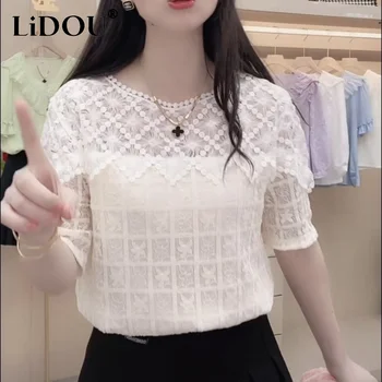 2023 Новый весенне-летний пуловер с коротким рукавом и круглым вырезом, открытые однотонные офисные футболки в корейском стиле с оборками для женщин