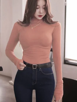Корейский стиль, топ, Однотонная весенне-осенняя сексуальная футболка с длинным рукавом, Женская модная тонкая футболка, Эластичная женская одежда, Футболка Femme