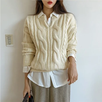 Модные осенне-зимние женские свитера, Пуловеры с V-образным вырезом, минималистичные трикотажные Элегантные повседневные женские винтажные топы SW8559
