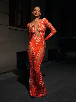 JRRY Сексуальные женские платья с длинным разрезом, платье в пол с бриллиантами, открытое облегающее платье