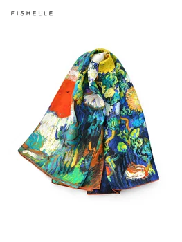 Художественная картина маслом с цветочным принтом, 100% натуральный шелковый саржевый шарф, женский роскошный шарф из натурального шелка 90*90, квадратный хиджаб, шарфы, женская шаль