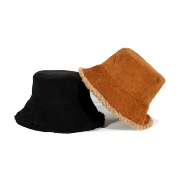 Женская зимняя кепка-ведро из искусственного меха, флисовая кепка из овечьей шерсти, Вельветовые Рыбацкие шляпы, Солнцезащитные Панамы