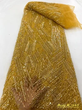 Золотая африканская кружевная ткань с блестками 2023, Высококачественная вышивка бисером, Нигерийский Французский Тюль, Кружевной материал для свадебного платья