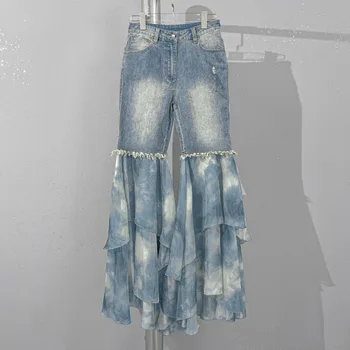 Сшитые джинсовые широкие брюки, повседневная мода 2023, лето, новый стиль 0405