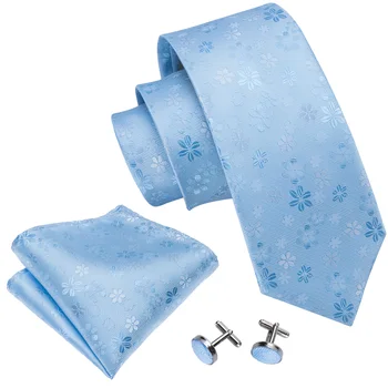 Дизайнерский светло-голубой мужской галстук с квадратными запонками в виде кармана, модный шелковый тканый галстук с цветочным узором для свадебной вечеринки Barry.Wang 5001