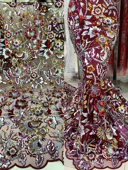 Роскошная Африканская Кружевная ткань с бисером, Высококачественная Ткань с вышивкой тяжелыми блестками, Модная французская Тюлевая Сетчатая Кружевная ткань для Свадьбы
