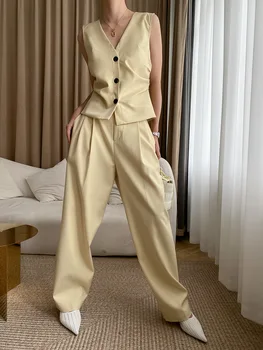Летний Модный Новый брючный костюм, Женский однобортный плиссированный жилет, Широкие брюки, Комплект из двух предметов, Женский элегантный женский наряд