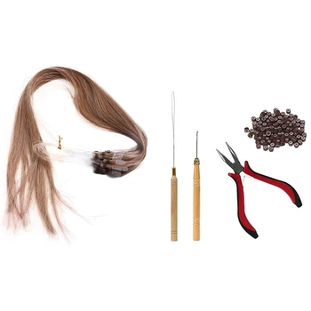 100X Натуральные человеческие волосы для наращивания, 40 см, 1 комплект, Зажимной крючок, булавка, 200 шт., Микросиликоновые соединительные кольца, бусины