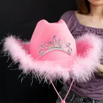 Ковбойская шляпа в западном стиле, розовая женская модная вечерняя шляпа с широкими полями, украшенная короной-тиарой, Ковбойская шляпа для девочек