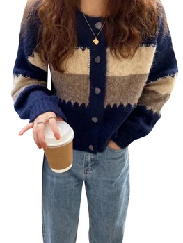Женский Вязаный кардиган на пуговицах Y2K, свитер с круглым вырезом и длинными рукавами контрастного цвета - Приталенная Уличная одежда в стиле Ретро для