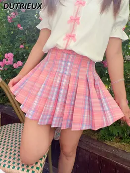 Лето 2023, Новые клетчатые, сладкие Розовые Плиссированные короткие юбки для женщин, Kawaii, Студенческая мини-юбка с высокой талией для девочек
