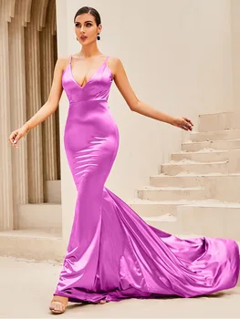 Новое сексуальное длинное платье с глубоким V-образным вырезом и розово-красным полым ремешком на бретелях без спинки
