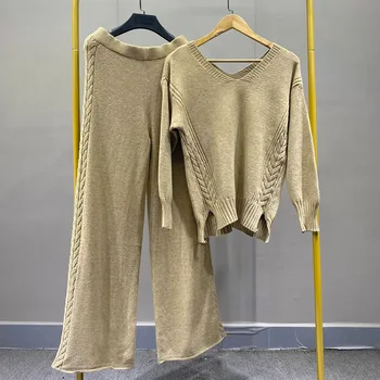 Повседневный однотонный вязаный женский костюм из двух предметов, Свободный свитер с V-образным вырезом, прямые брюки, осенне-зимняя женская одежда