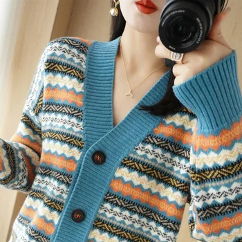 Осенне-зимний утолщенный вязаный кардиган 2022, Женский модный джокер, контрастный свитер с ленивым ветром