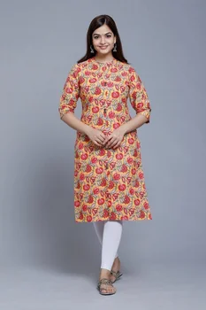 Женское Повседневное дизайнерское платье Kurti/Kurta из хлопка ручной работы с цветочным принтом