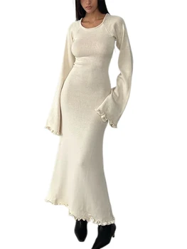 Женское облегающее длинное платье из рубчатого трикотажа с длинным рукавом и круглым вырезом, однотонное летнее повседневное пляжное платье для вечеринки
