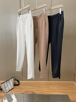 Женские Укороченные брюки с высокой талией, Женские Полушерстяные повседневные брюки с карманами на раннюю осень 2022 года