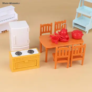 Миниатюрный кукольный домик, кухонный обеденный стол, набор стульев, Кукольный дом, Кухонная мебель, Аксессуары для декора кухни, игрушки в подарок