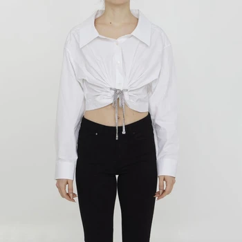 2023ss весенне-летняя новая женская хлопковая рубашка с цепочкой на лацкане, модная рубашка высокого качества y2k, укороченная короткая стильная белая рубашка
