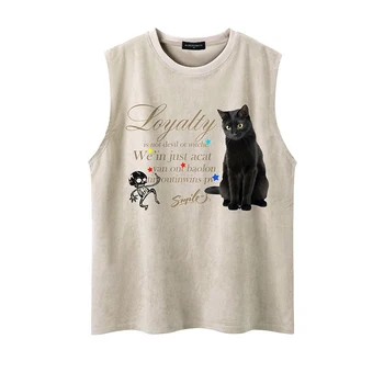 Супер милая маленькая черная винтажная футболка с котом без рукавов Для мужчин и женщин, Свободная замшевая короткая майка, футболка с черным котом и головой Голлума