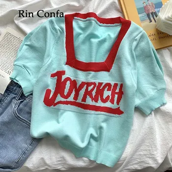 Rin Confa, женские вязаные топы, Летняя мода, квадратный воротник, милая короткая футболка с буквенным принтом High Street, Синие тонкие топы для женщин