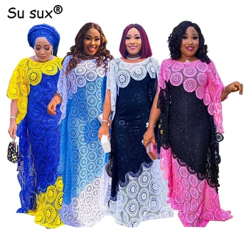 Африканские платья для женщин 2023, Африканская одежда в стиле Дашики, Абайя, Африканский Женский Халат, Большие Размеры, Кружевная вышивка, Комплекты из 2 предметов, платье