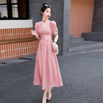 Летнее Новое длинное платье с высокой талией и V-образным вырезом в тонком стиле 2023 для женщин из Южной Кореи, модное дизайнерское платье высокого класса