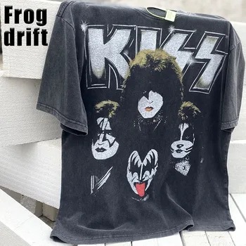Frog Drift, модный бренд, Винтажная рок-группа KISS в стиле ретро, Летняя Уличная одежда Оверсайз, Свободная одежда для стирки, футболка с рэпером, футболки для мужчин