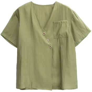 Летняя Рубашка в стиле ретро с V-образным вырезом и короткими рукавами, Женский Свободный шелковый топ с косой планкой