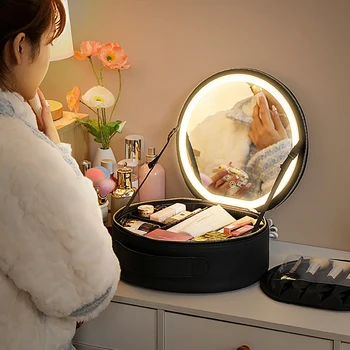 Умная светодиодная косметичка с зеркалом Большой емкости, Профессиональная Водонепроницаемая косметичка из искусственной кожи для путешествий, Женская сумка для хранения 2023 Новинка