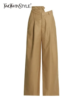 TWOTWINSTYLE, однотонные широкие брюки для женщин, Высокая талия, Складки, пуговицы в стиле пэчворк, Темперамент, Широкие брюки для женщин, Осенняя мода