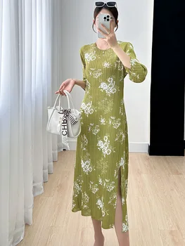 Женское платье Miyake с принтом 2023, летний темперамент, молодежный вид, рукав 3/4, плиссированная юбка средней длины с разрезом в цветочек