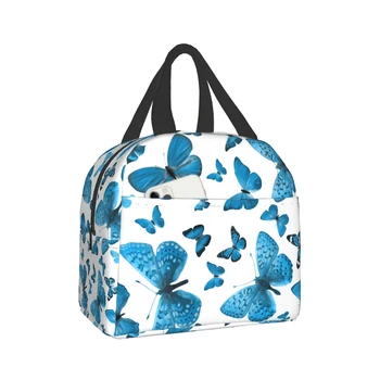 Сумка для ланча с синими бабочками, сине-белая изолированная сумка для ланча для женщин, мужчин, подростков, Красивая художественная сумка-холодильник, термосумка для пикника, школы