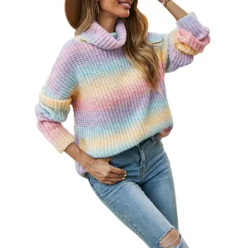 2021 Новый Женский свитер с высоким воротом Для взрослых, Цветной вязаный пуловер с длинным рукавом, Многоцветный