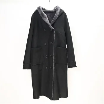 LUHAYESA Женская зимняя длинная одежда с капюшоном из натуральной овчины ягненка, черные темно-синие повседневные пальто из натурального меха