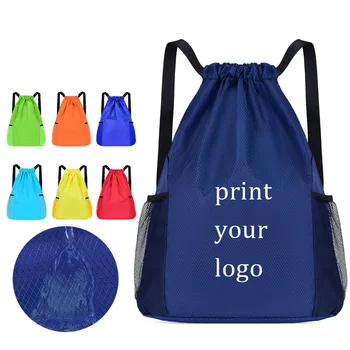 Авоська для покупок из полиэстера с пользовательским логотипом, спортивная сумка для спортзала, рюкзак на шнурке, школьная сумка для использования на открытом воздухе