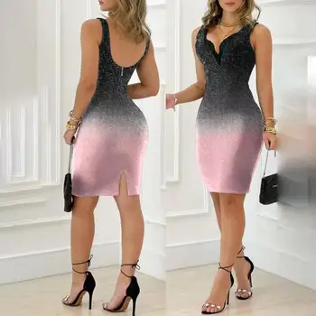 2023 Новое облегающее платье без рукавов с V-образным вырезом и градиентом, женское облегающее платье с V-образным вырезом и высокой талией без спинки