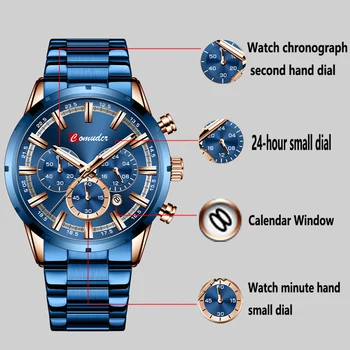 Comudir Мужские часы Лучший бренд класса Люкс, спортивные кварцевые мужские часы, Полностью стальные водонепроницаемые наручные часы с хронографом, Мужские часы с большим циферблатом