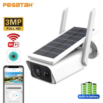 Солнечная камера PEGATAH, 3-мегапиксельная IP-камера с питанием от аккумулятора, Уличная беспроводная водонепроницаемая IP66 PIR, камеры видеонаблюдения
