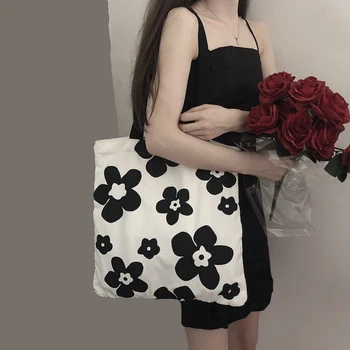 Холщовая сумка, черно-белая сумка с цветочным рисунком, Модная сумка-клатч, сумка через плечо, Сумка для покупок Большой емкости