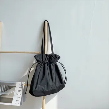 Модная холщовая сумка-авоська, простые однотонные пакеты, складные холщовые сумки на плечо, мягкие сумки на шнурке в стиле ins для женщин