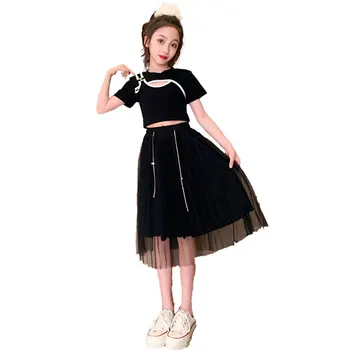 Летняя одежда Для крутых девочек, Хлопковый укороченный топ в стиле ретро + юбка, спортивные костюмы принцессы для школьников из двух предметов, комплекты детской одежды