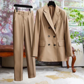 Высококачественный двубортный прямой костюм из шелковой шерсти, женский осенний 2023, новый деловой темперамент, однотонные брюки, комплект из 2 предметов