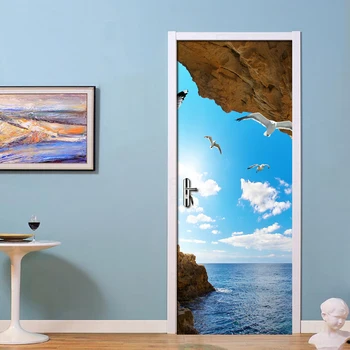 Голубое Небо Белые Облака Пещера Морской Пейзаж 3D Наклейка На Дверь ПВХ Водонепроницаемые Обои Гостиная Спальня Украшение Дома 3D Настенная Бумага Tapety